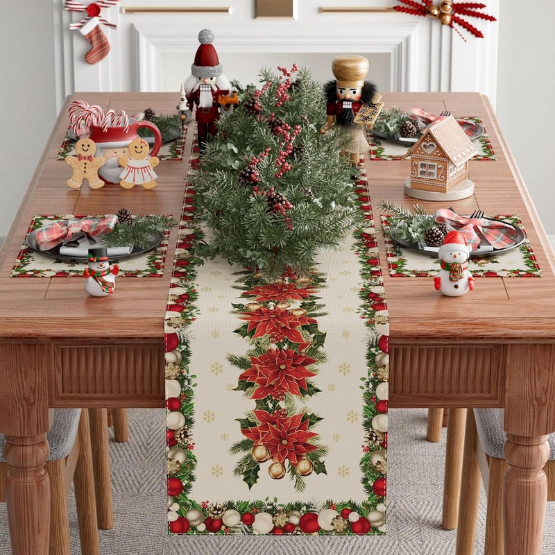 XCHI Christmas Poinsettias Leaves Bells Snowflakes Winter Xmas Table Runner Table Decoration for Home Kitchen Dining Holiday Decor 13x108 Inch - Image 2